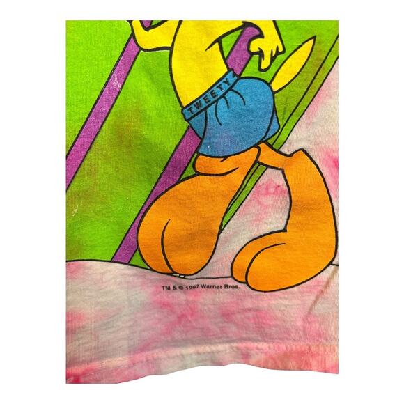 90s Vintage Retro Tie Dye Tweety Bird Grunge Tank Top Distressed Thrashed OS - Picture 3 of 6